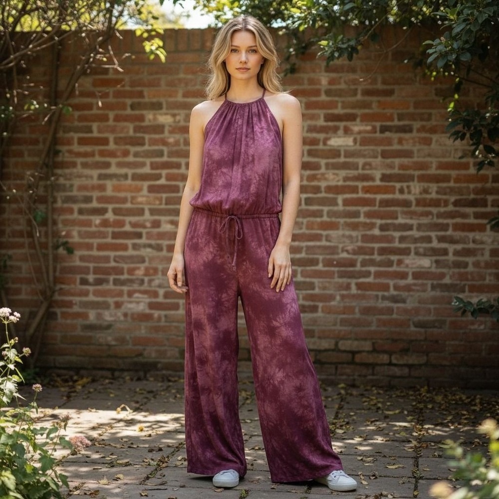 Cloth & Stone Tie Dye Halter Jumpsuit Womens Large Burgundy Tencel Sleeveless